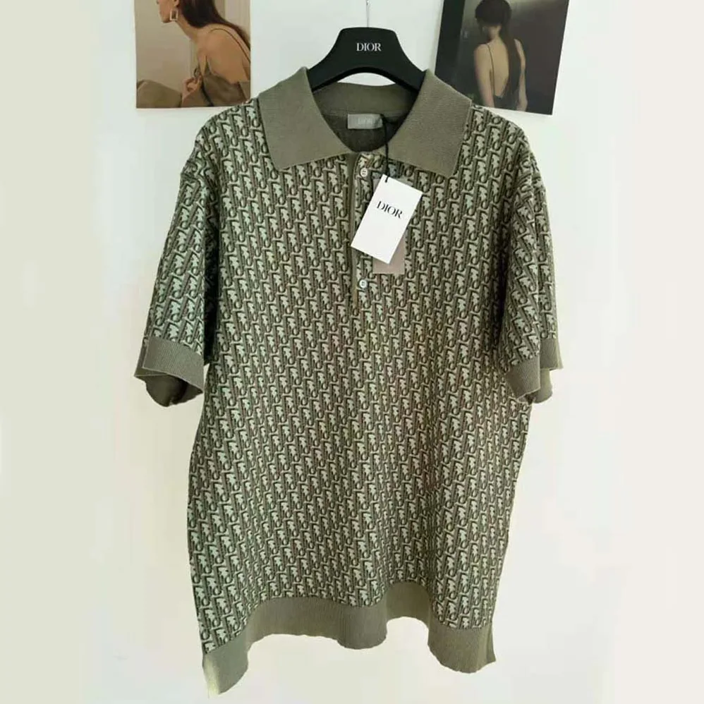 Dior Oblique Polo Shirt Khaki Cotton Jacquard for Men