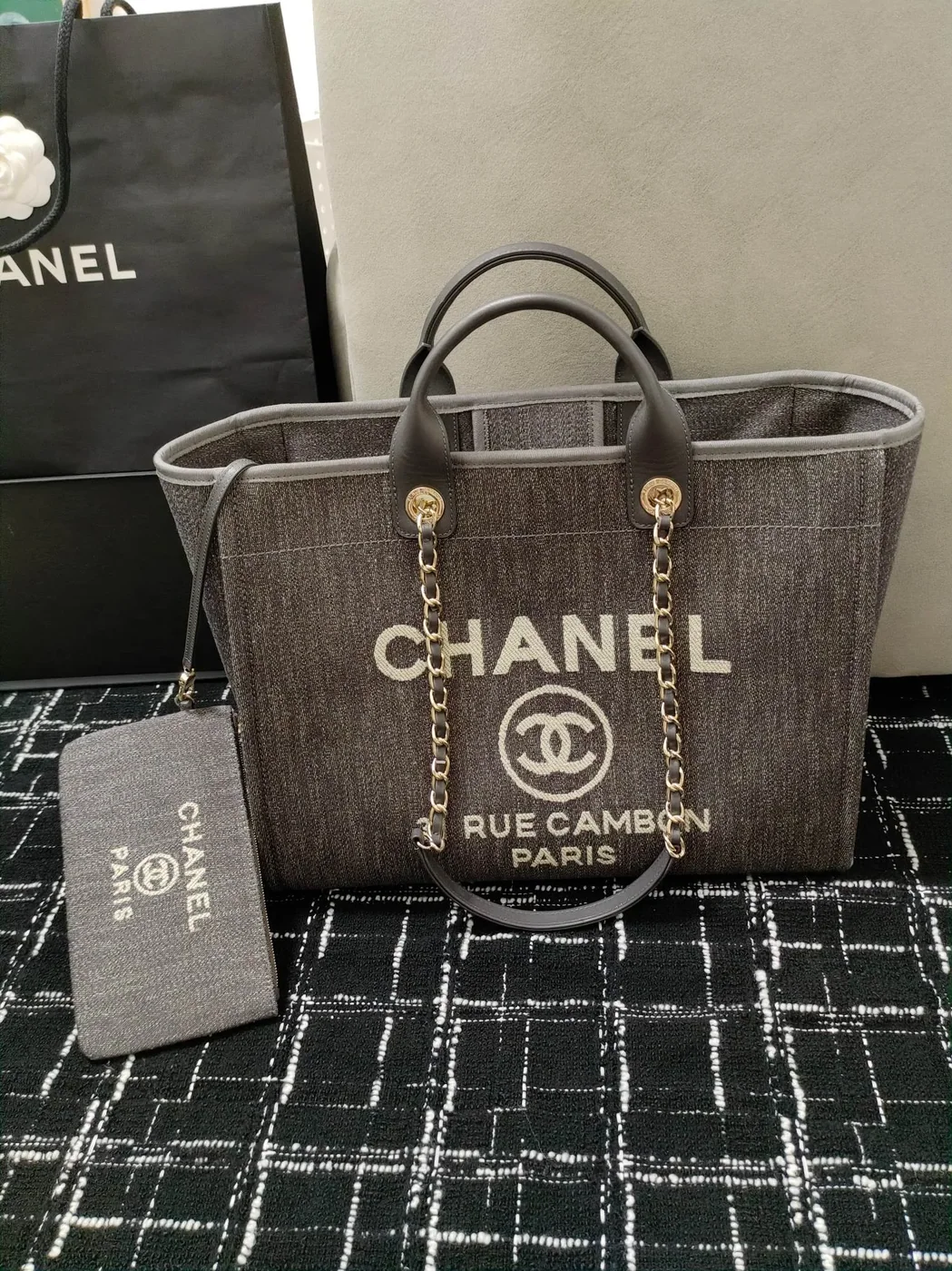 Chanel Deauville Tote Bag Pouch Grey /