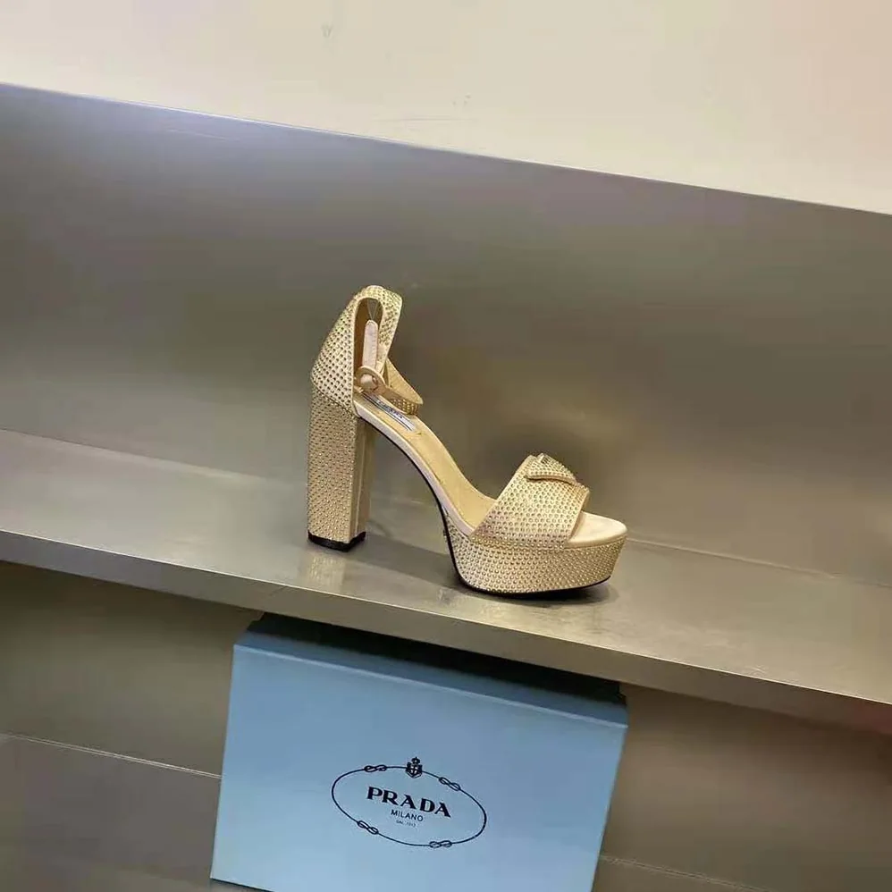 Prada Satin Platform Sandals with Crystals for Women in Gold