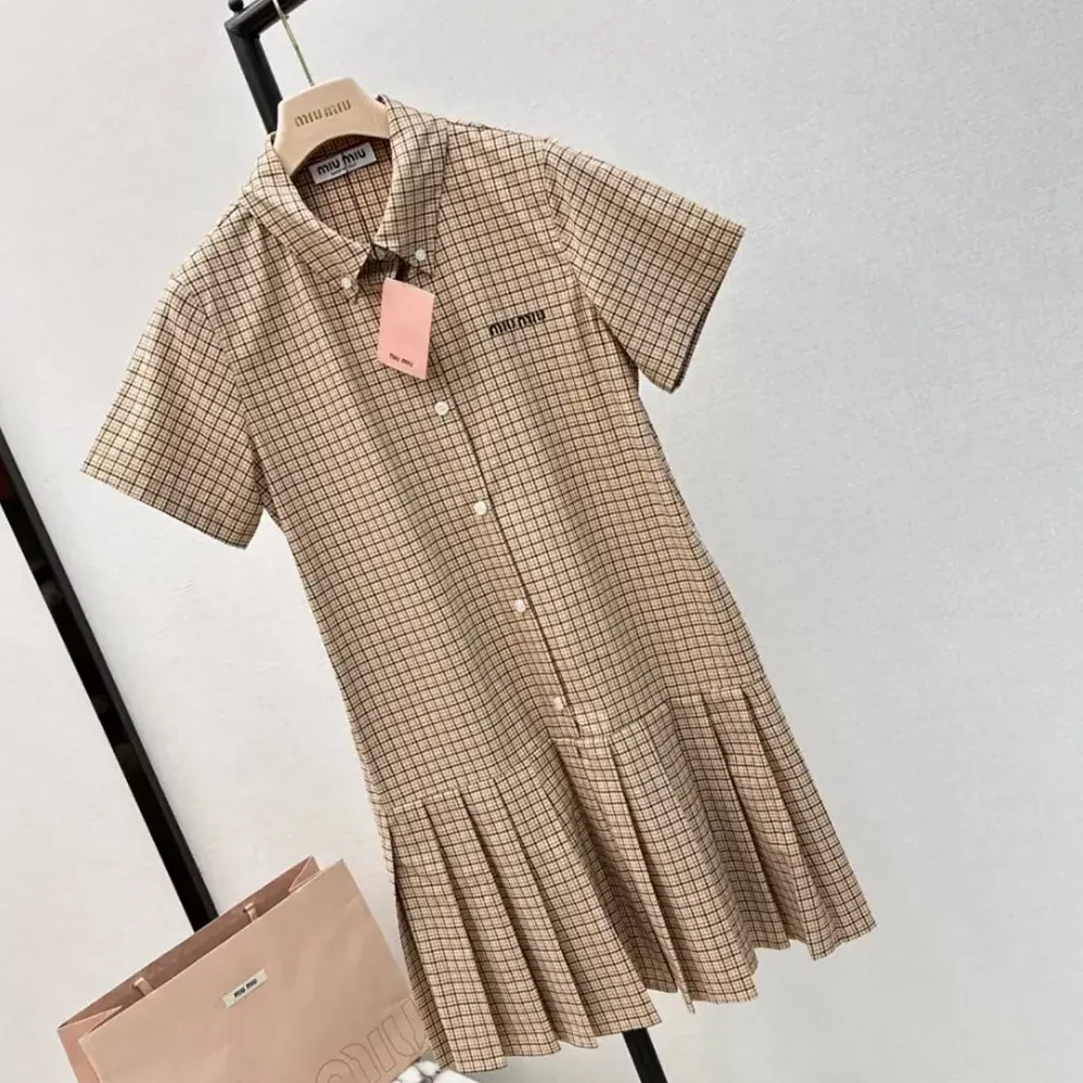 Miu Miu Pleated Check Dress with Embroidered Logo for Women