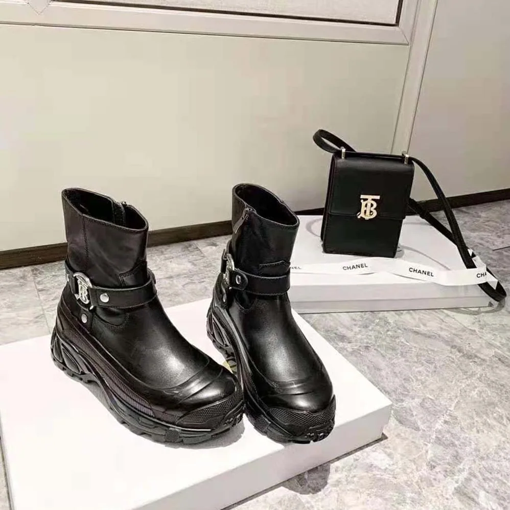 Burberry Monogram Motif Buckle Leather Boots for Women in Black Burberry Monogram Motif Buckle Leather Boots for Women in Black