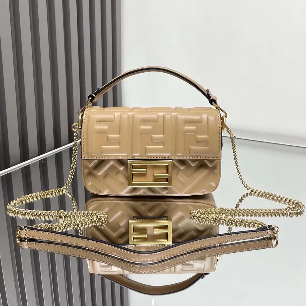 Fendi Baguette Mini Dove Gray Nappa Leather Bag with FF Motif for Women