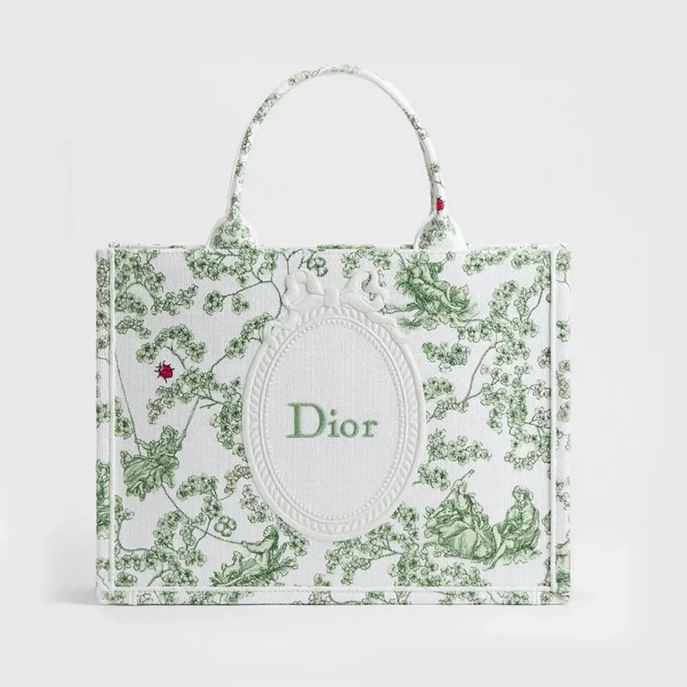 Dior Medium Dior Book Tote with Strap Green Multicolor Toile de Jouy Clover Embroidery for Women