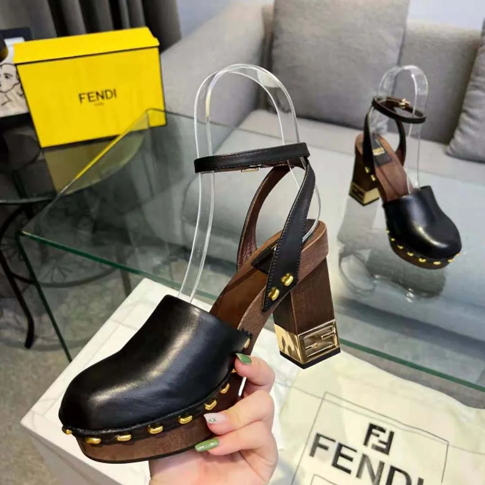 Fendi Baguette Show Black Leather High for Women in Heeled Clogs