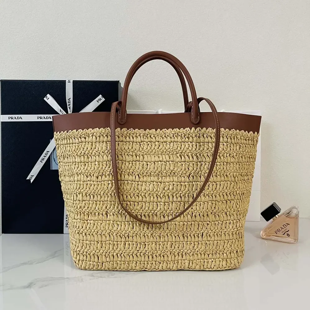 Prada Medium Crochet and Leather Tote Bag for Women in Brown Prada Medium Crochet and Leather Tote Bag for Women in Brown