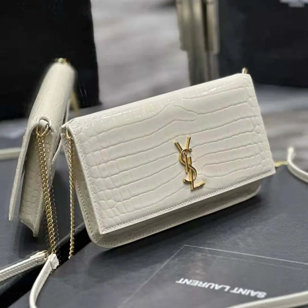 Saint Laurent YSL Cassandre Phone Holder with Strap in Shiny Crocodile-Embossed Leather for Women in White Saint Laurent YSL Cassandre Phone Holder with Strap in Shiny Crocodile-Embossed Leather for Women in White