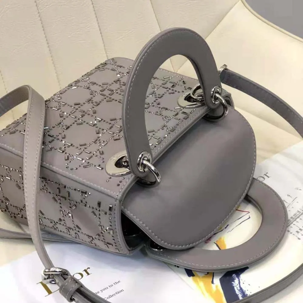 Dior Mini Lady Dior Bag Gray Strass Cannage Satin for Women