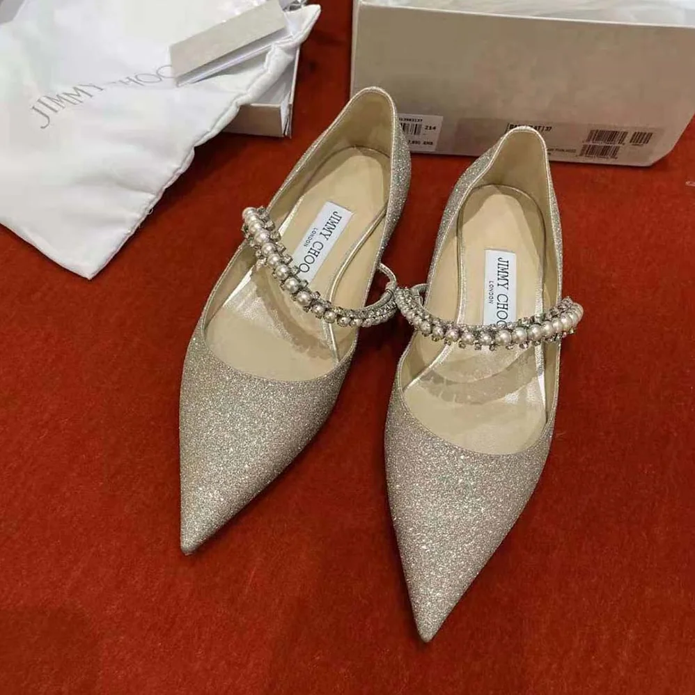 Jimmy Choo Baily Flat Platinum Ice Dusty Glitter Flats with Crystal and Pearl Strap for Women Jimmy Choo Baily Flat Platinum Ice Dusty Glitter Flats with Crystal and Pearl Strap for Women