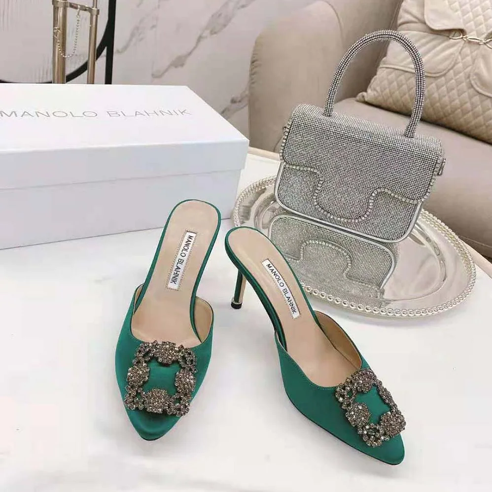 Manolo Blahnik Green Satin Jewel Buckle Mules for Women Manolo Blahnik Green Satin Jewel Buckle Mules for Women