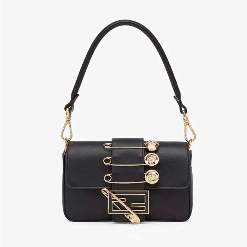 Fendi Brooch Mini Baguette Fendace Black Leather Bag for Women Fendi Brooch Mini Baguette Fendace Black Leather Bag for Women