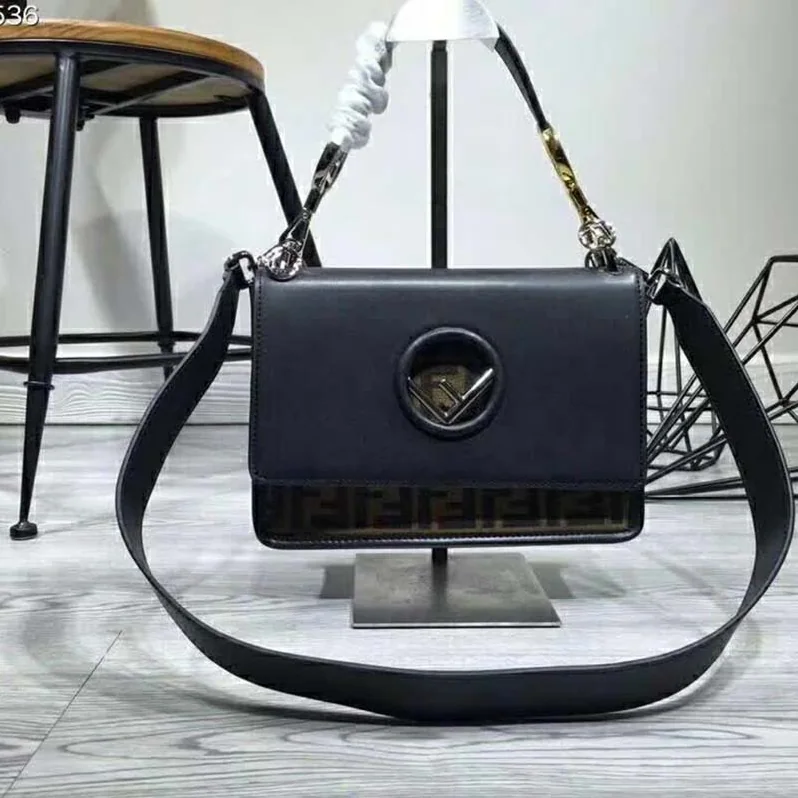 Fendi KAN I F Top Flap Strap Bag with Logo Stitch in Black
