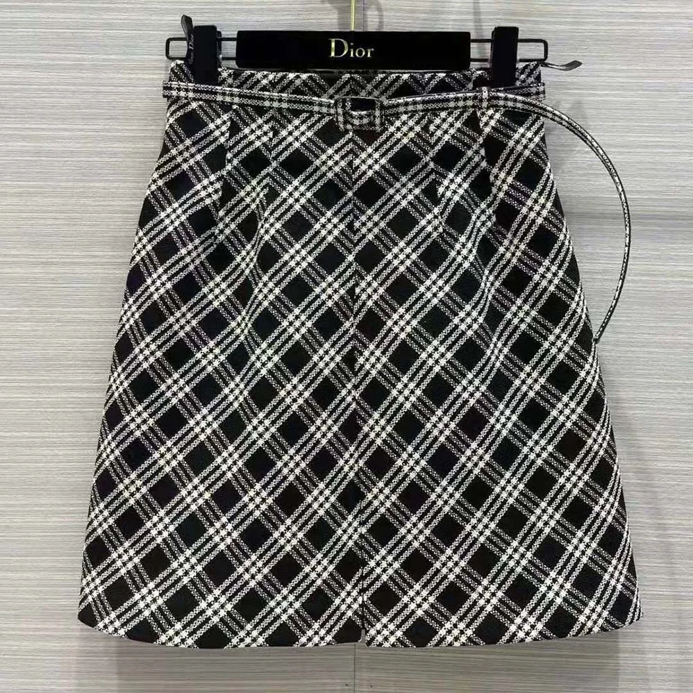 Dior Belted Short Skirt Black and White Check'N'Dior Virgin Wool for Women