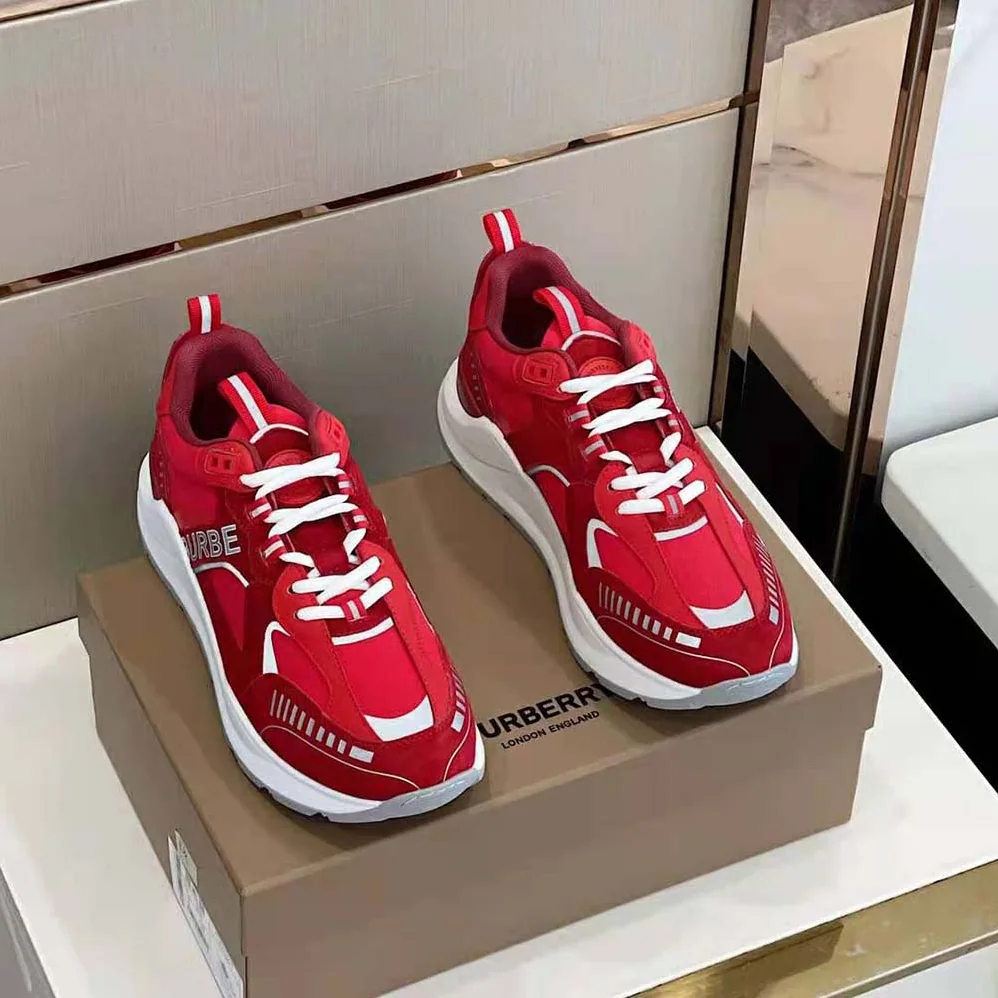 Burberry Leather Suede and Check Sneakers for Men in Red