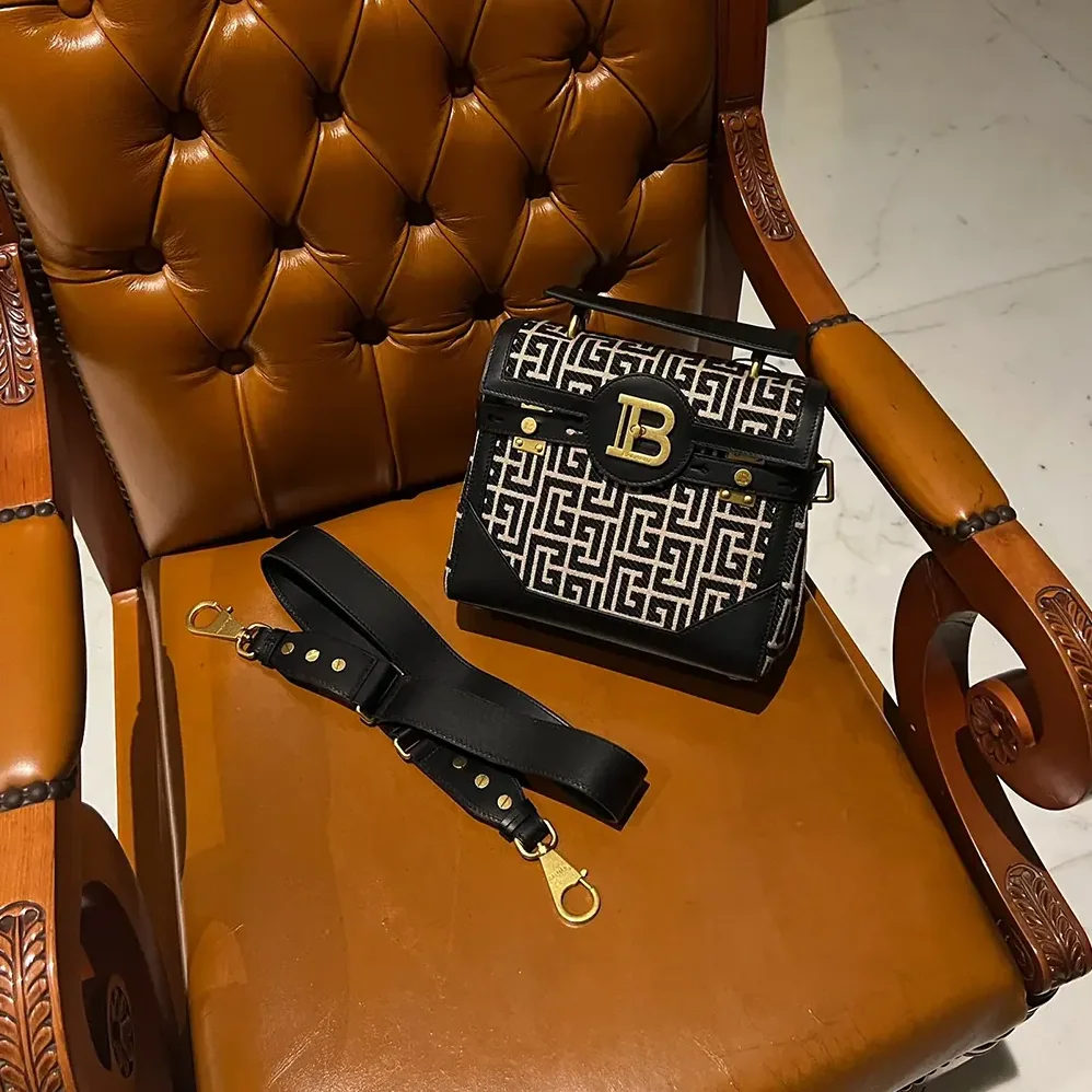 Balmain Bicolor Khaki and Black Calfskin Jacquard B for Women in Buzz Bag