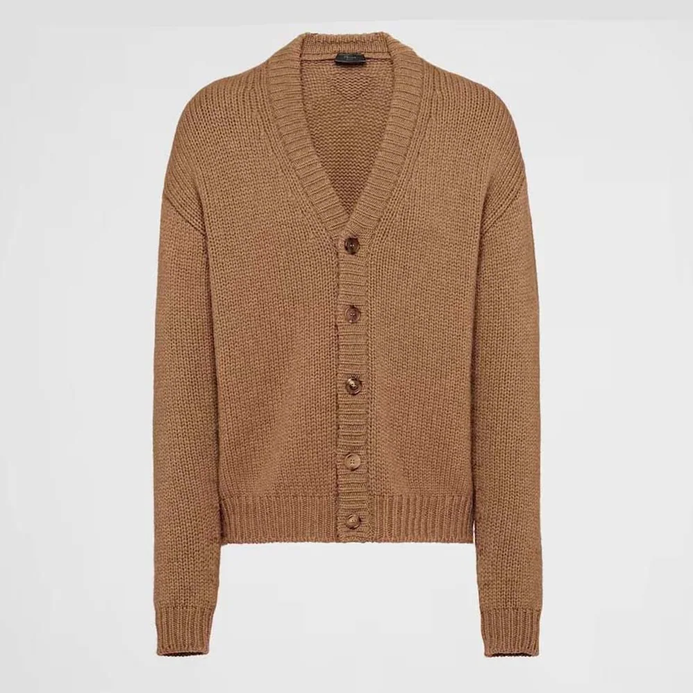 Prada Camel Hair Cardigan with Knit Triangle Logo for Women Prada Camel Hair Cardigan with Knit Triangle Logo for Women