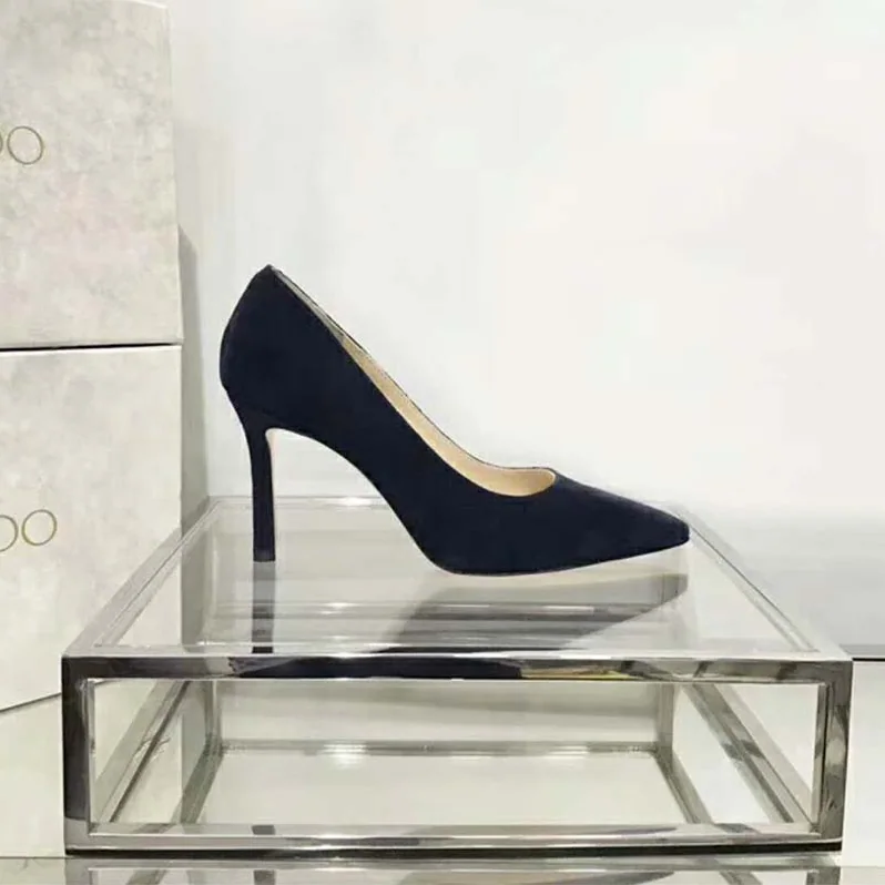 Jimmy Choo Shoes Romy 85 Opal Suede Pointy Toe Pumps for Women in Navy