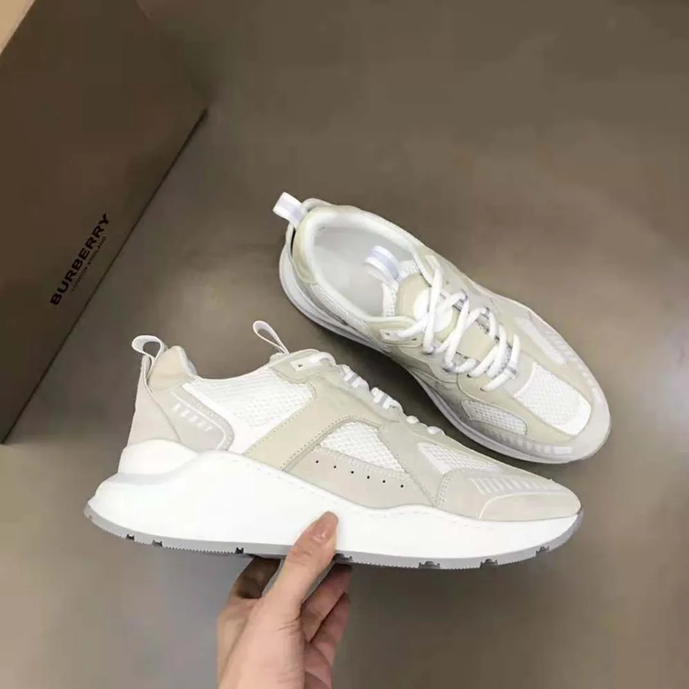 Burberry Logo Print Leather Suede and Mesh Sneakers for Men in White Burberry Logo Print Leather Suede and Mesh Sneakers for Men in White