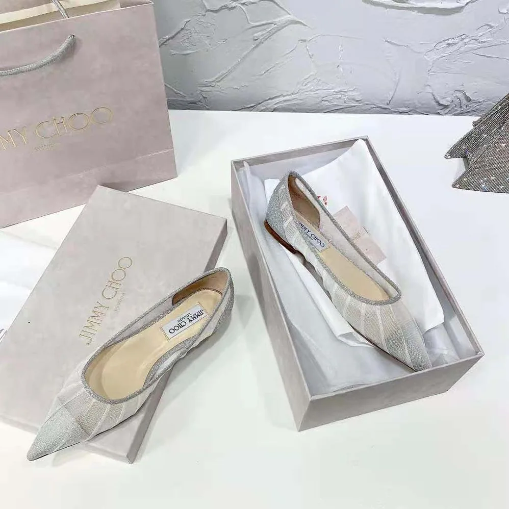 Jimmy Choo Love Flat Metallic Silver Glitter Fabric Flats for Women Jimmy Choo Love Flat Metallic Silver Glitter Fabric Flats for Women