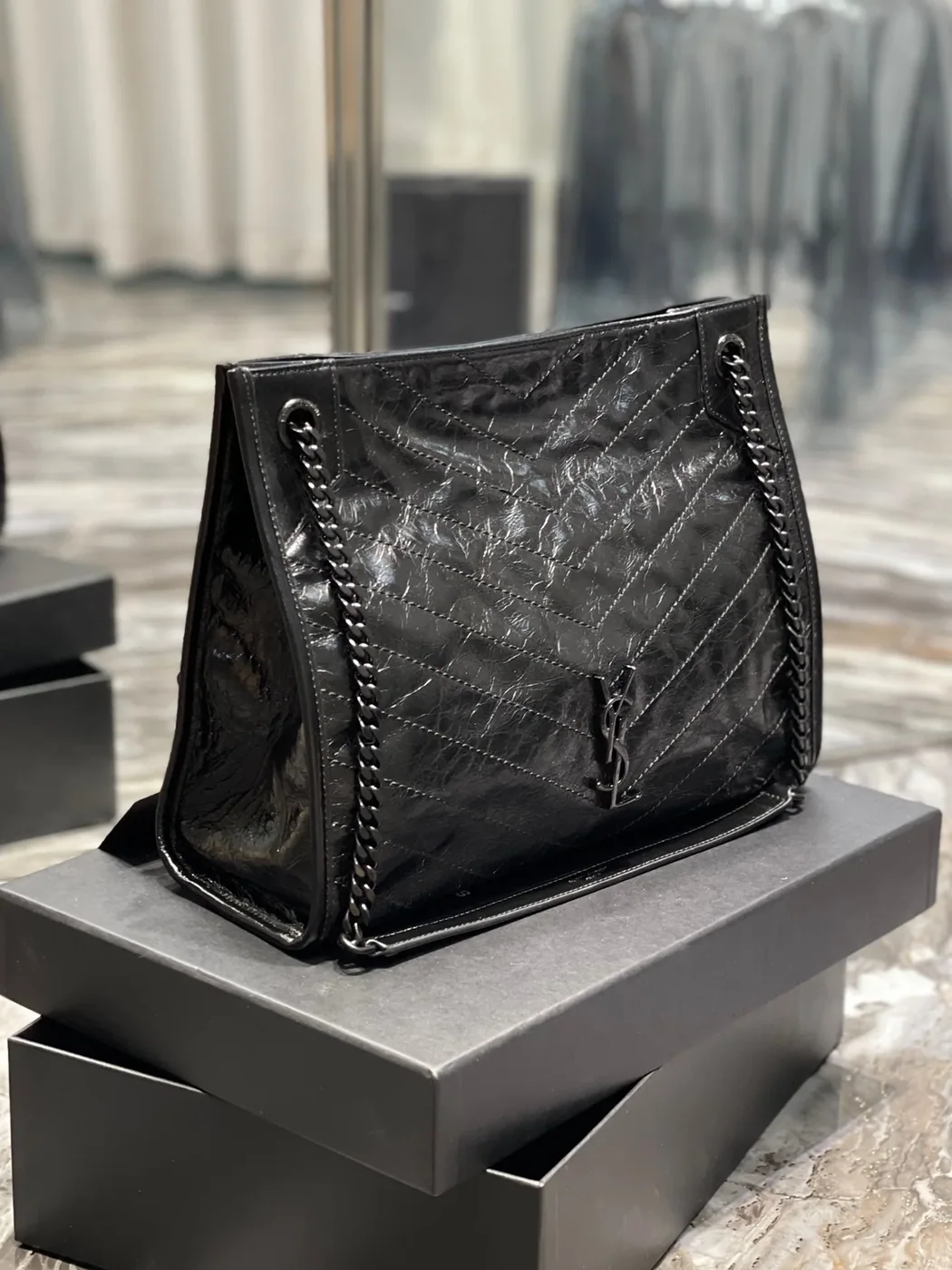 Saint Laurent Niki Shopping Medium Tote Bag in Black Silver Hardware
