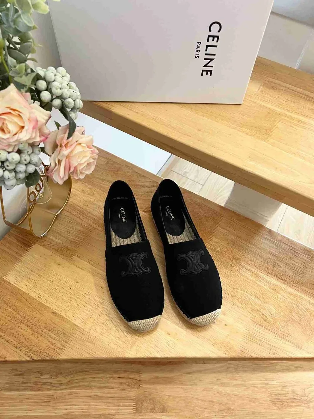 Celine Flat Espadrille With Triomphe Patch In Tweed Black Celine Flat Espadrille With Triomphe Patch In Tweed Black