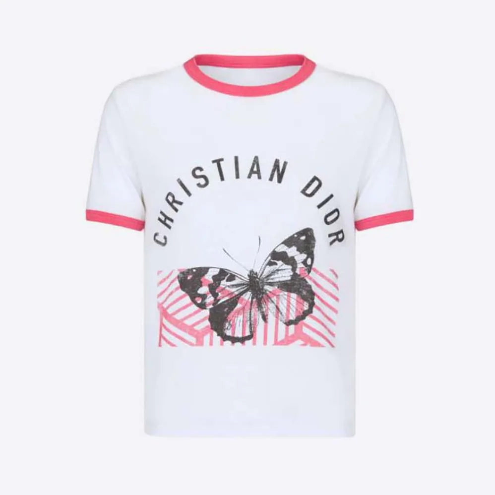 Dior T-shirt White Cotton Jersey with Fluorescent Pink D for Women in Jungle Pop Motif Dior T-shirt White Cotton Jersey with Fluorescent Pink D for Women in Jungle Pop Motif