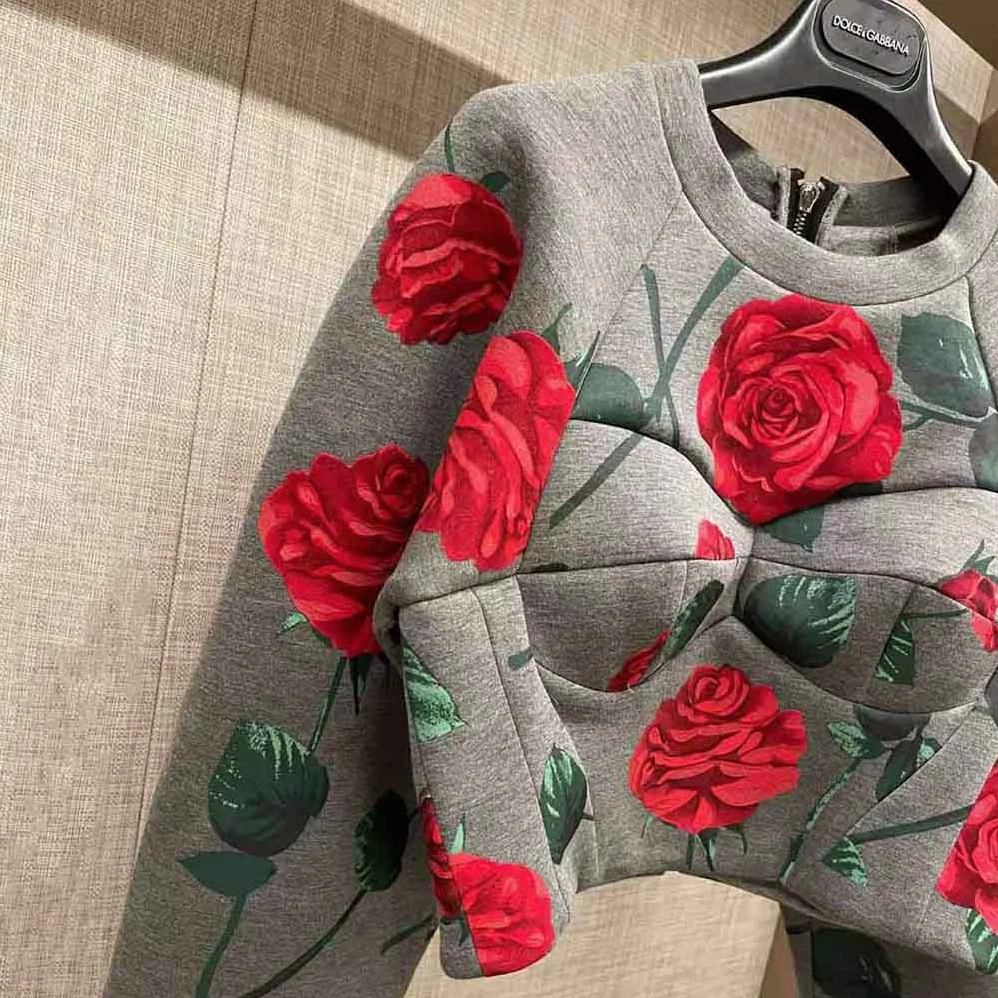 Dolce Gabbana D&G Technical Jersey Sweatshirt with Flocked Rose Print and Bustier Details for Women