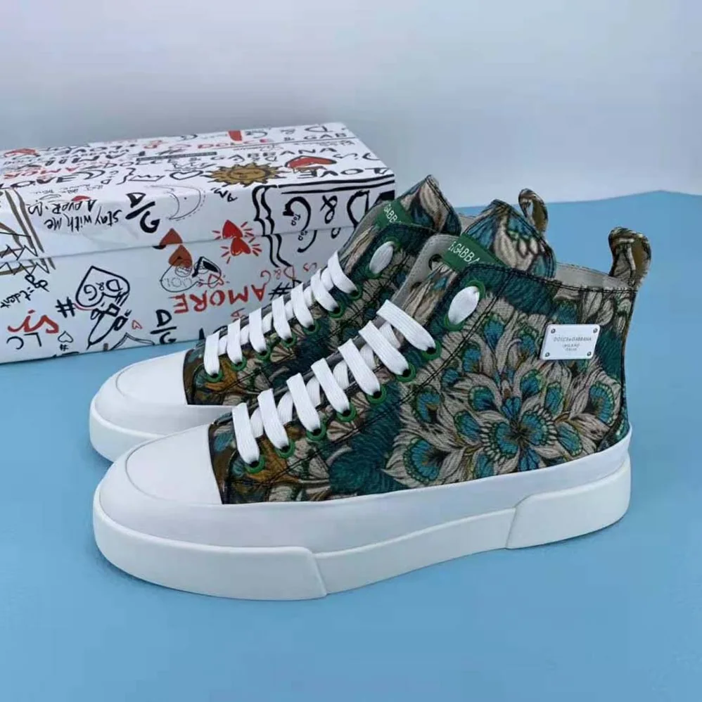 Dolce Gabbana D&G Brocade Portofino Light High-Top Sneakers with Logo Plate for Women