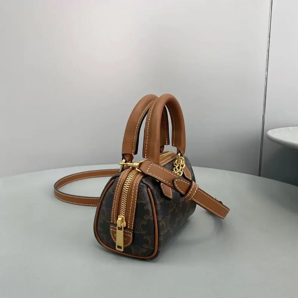 Celine Mini Boston in Triomphe Canvas and Calfskin for Women in Tan Celine Mini Boston in Triomphe Canvas and Calfskin for Women in Tan