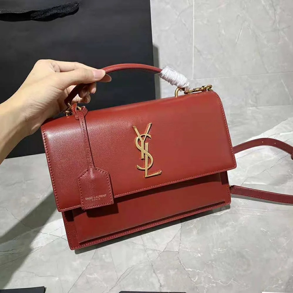 Saint Laurent YSL Medium Sunset Satchel in Smooth Leather for Women in Maroon