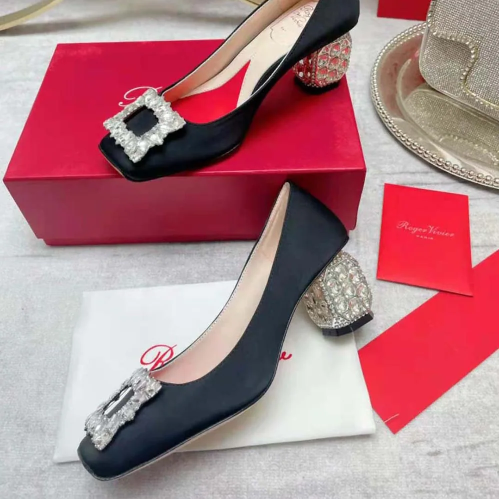 Roger Vivier Jewel Heel Rhinestone Buckle Pumps in Satin for Women Roger Vivier Jewel Heel Rhinestone Buckle Pumps in Satin for Women