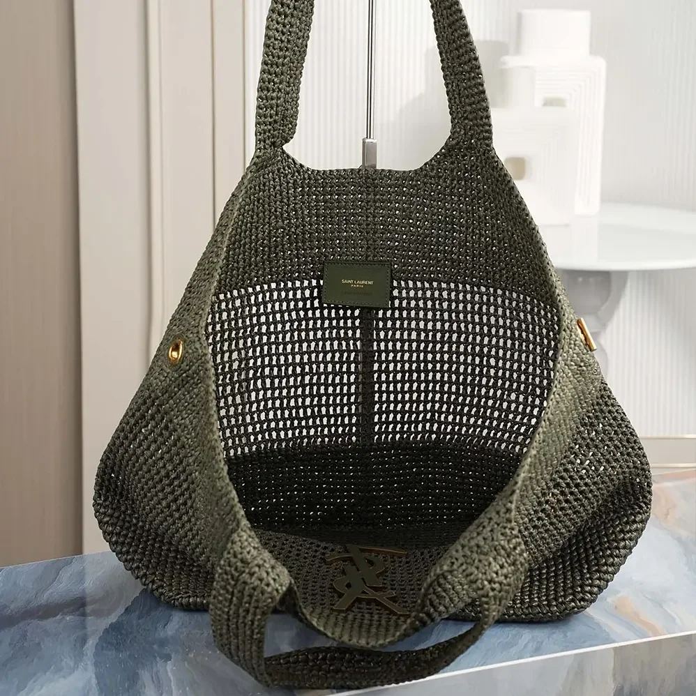 Saint Laurent YSL Icare Medium In Raffia Dark Green for Women