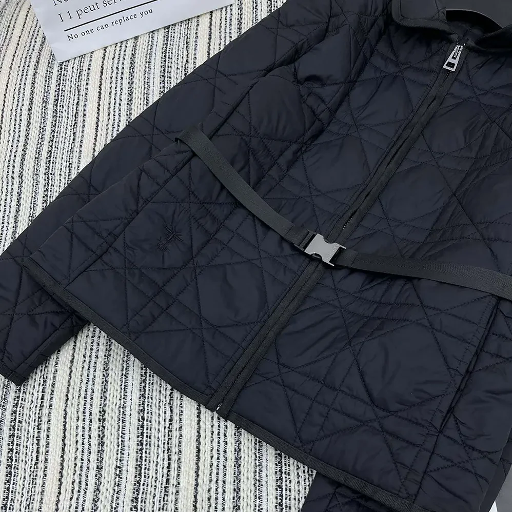 Dior Macrocannage Belted Peacoat Black Quilted Technical Taffeta for Women Dior Macrocannage Belted Peacoat Black Quilted Technical Taffeta for Women