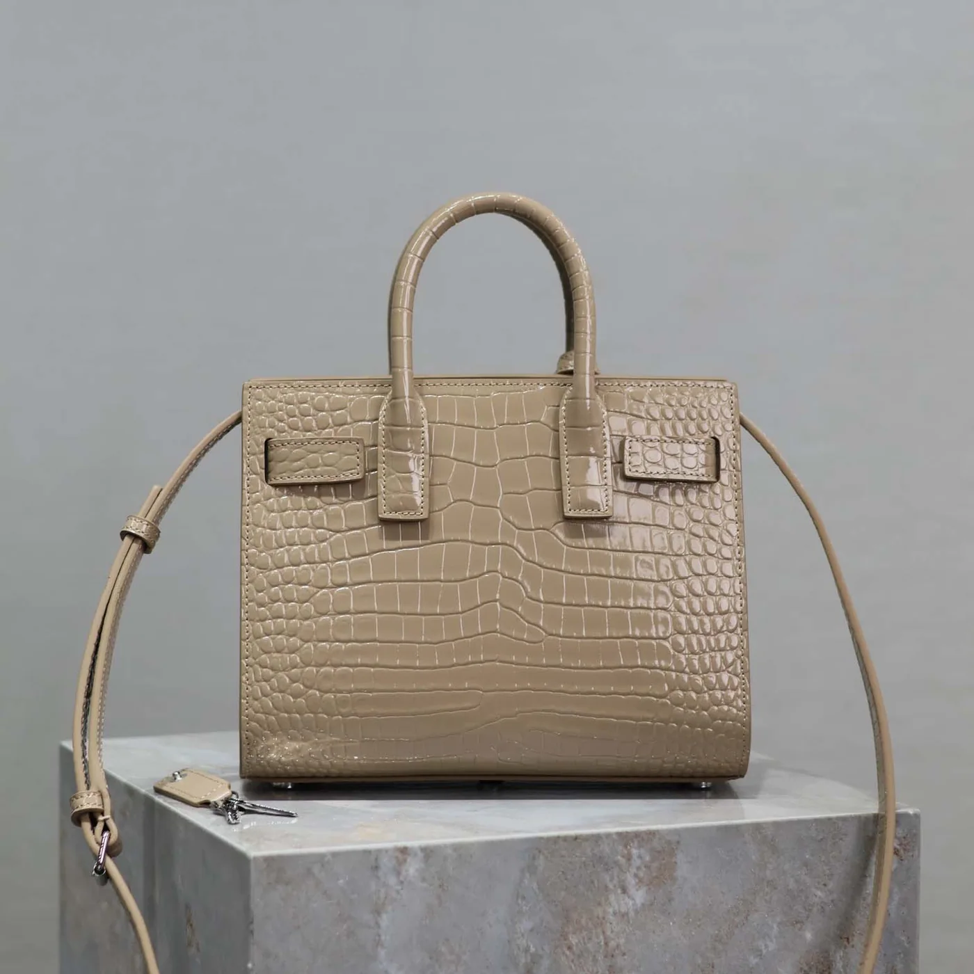 Saint Laurent YSL Sac De Jour in Crocodile Embossed Leather Nano for Women in Sandy Saint Laurent YSL Sac De Jour in Crocodile Embossed Leather Nano for Women in Sandy