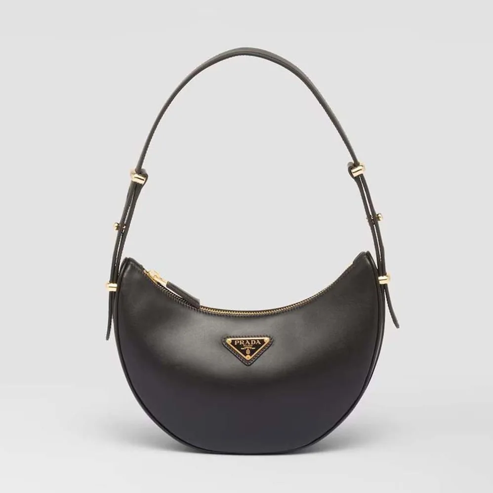 Prada Leather Shoulder Bag with Enameled Metal Triangle Logo for Women in Black