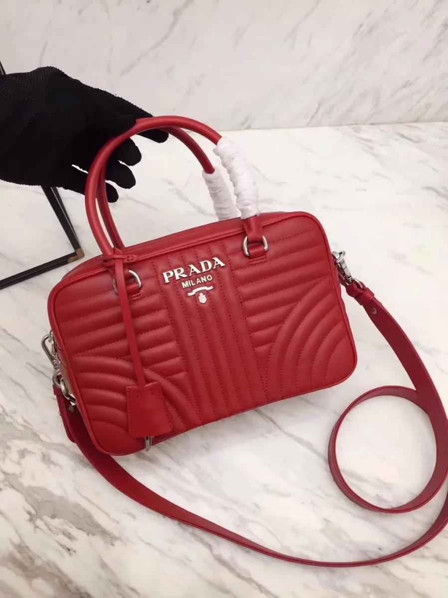 Prada Diagramme Big Leather Handbag with Top Handle in Red
