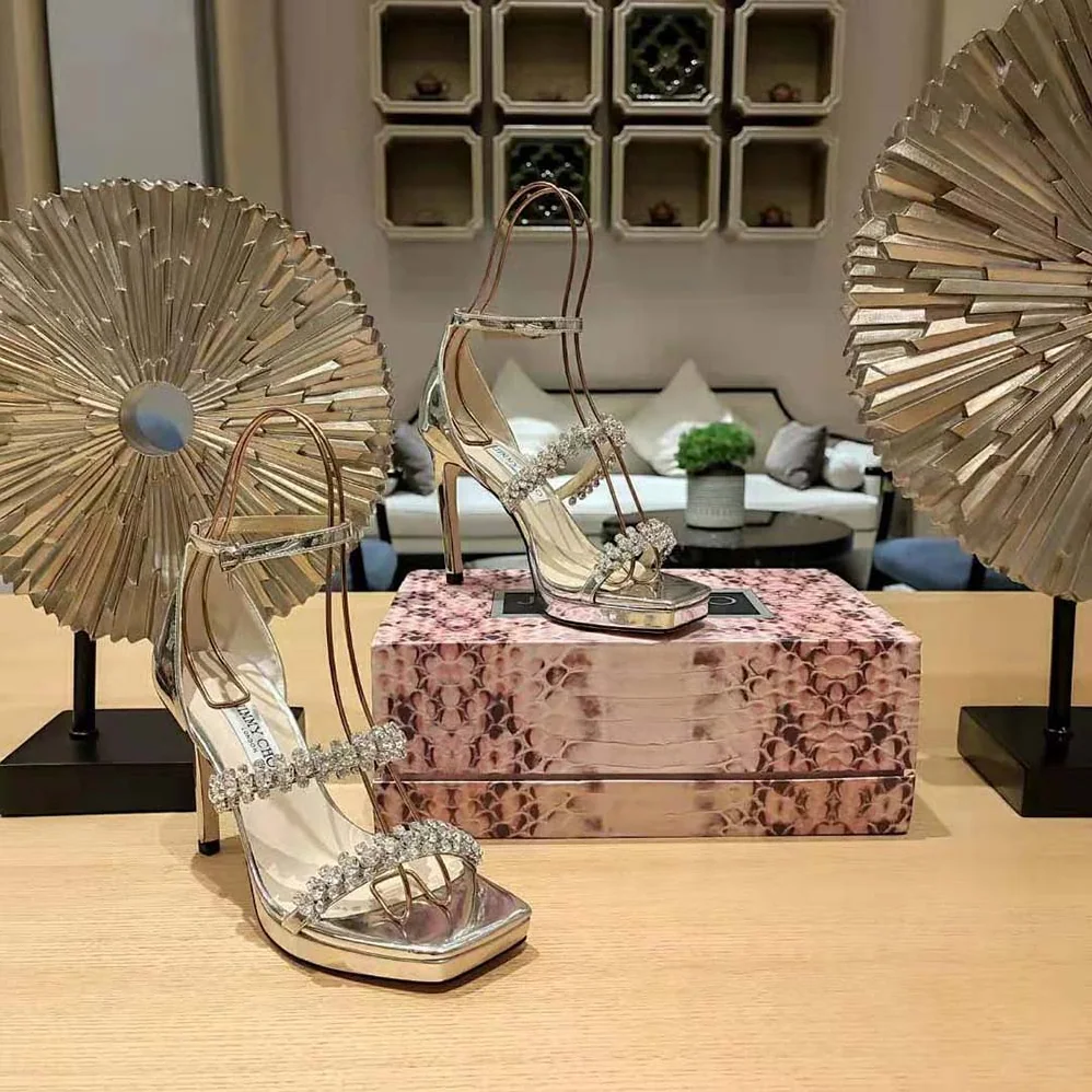 Jimmy Choo Bing Sandal 105 Silver Liquid Metal Sandals with Crystal Straps for Women Jimmy Choo Bing Sandal 105 Silver Liquid Metal Sandals with Crystal Straps for Women