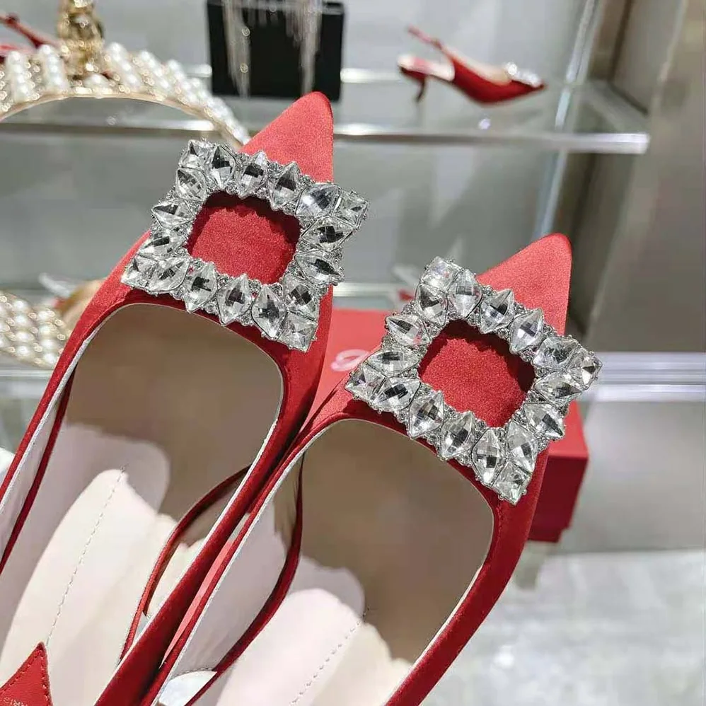 Roger Vivier Virgule Strass Buckle Slingback Pumps in Satin for Women in Red Roger Vivier Virgule Strass Buckle Slingback Pumps in Satin for Women in Red