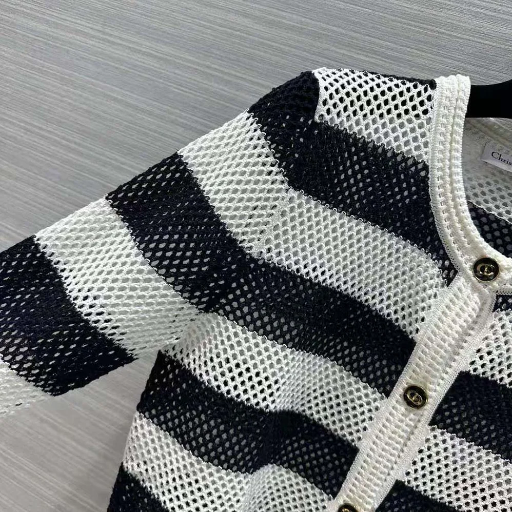 Dior Marinière Cardigan Navy Blue and White Openwork Cotton Knit for Women