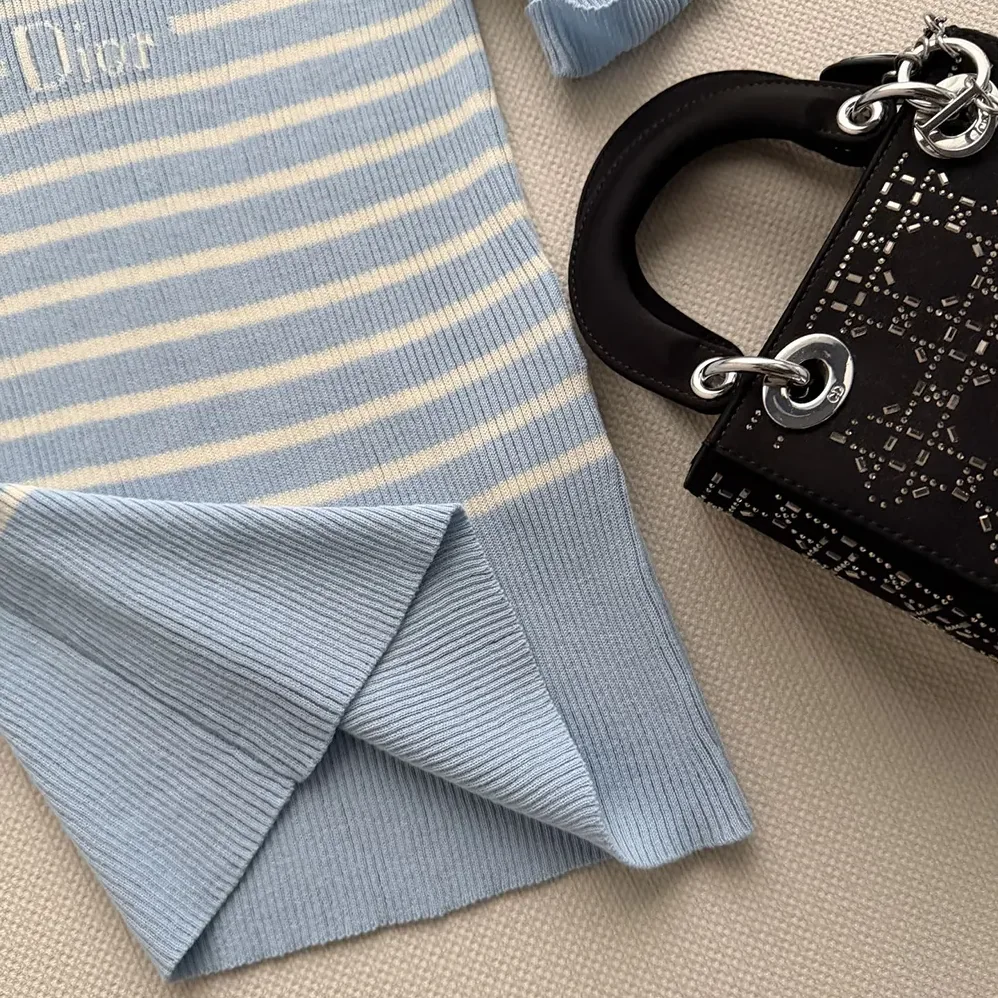 Dior Dioriviera Short-Sleeved Fitted Sweater Sky Blue and White D for Women in Stripes Ribbed Cotton Knit