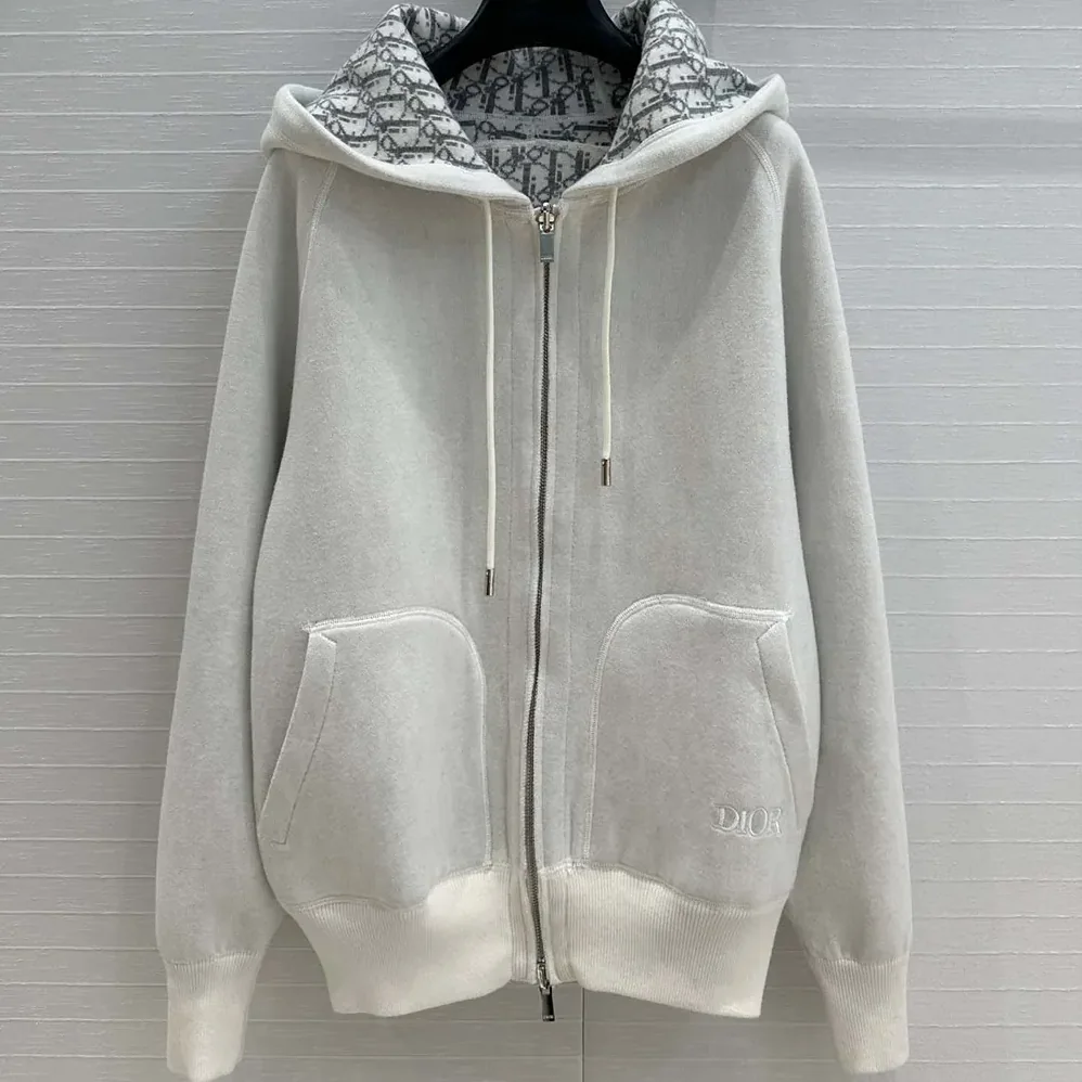 Dior Hooded Track Jacket White Cotton Knit and Cashmere for Men