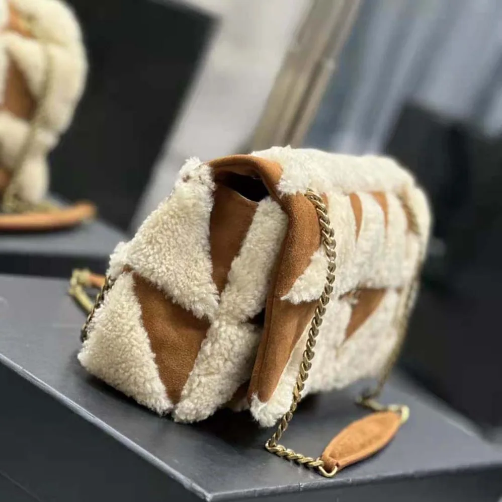Saint Laurent YSL Jamie Medium Chain Bag “Carré Rive Gauche” in Suede and Shearling Patchwork for Women