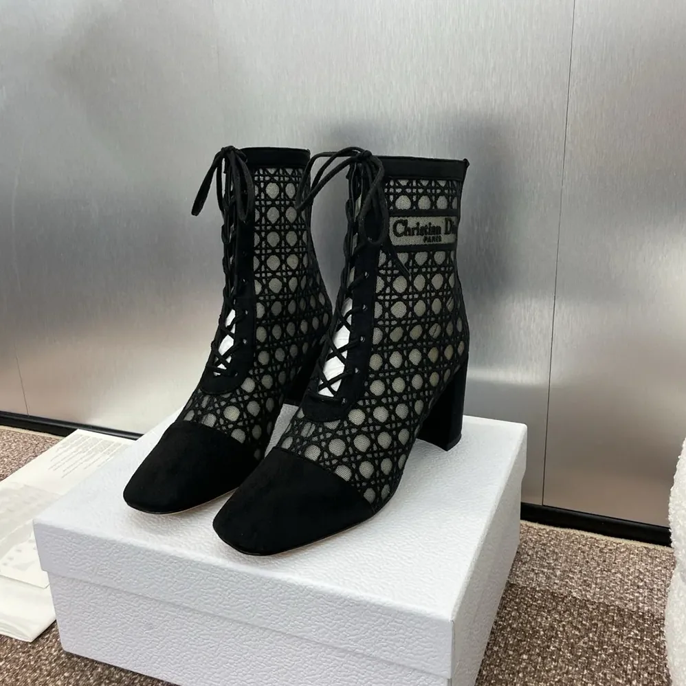 Dior Naughtily-D Heeled Ankle Boot Transparent Mesh Embroidered with Black for Women