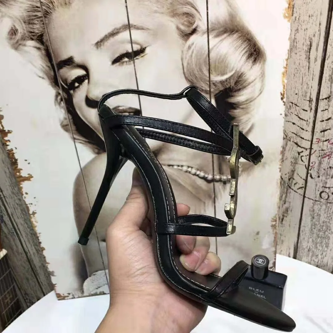 Saint Laurent YSL Cassandra Sandals with Gold Logo in Smooth Leather (110) Heel Height for Women in Black