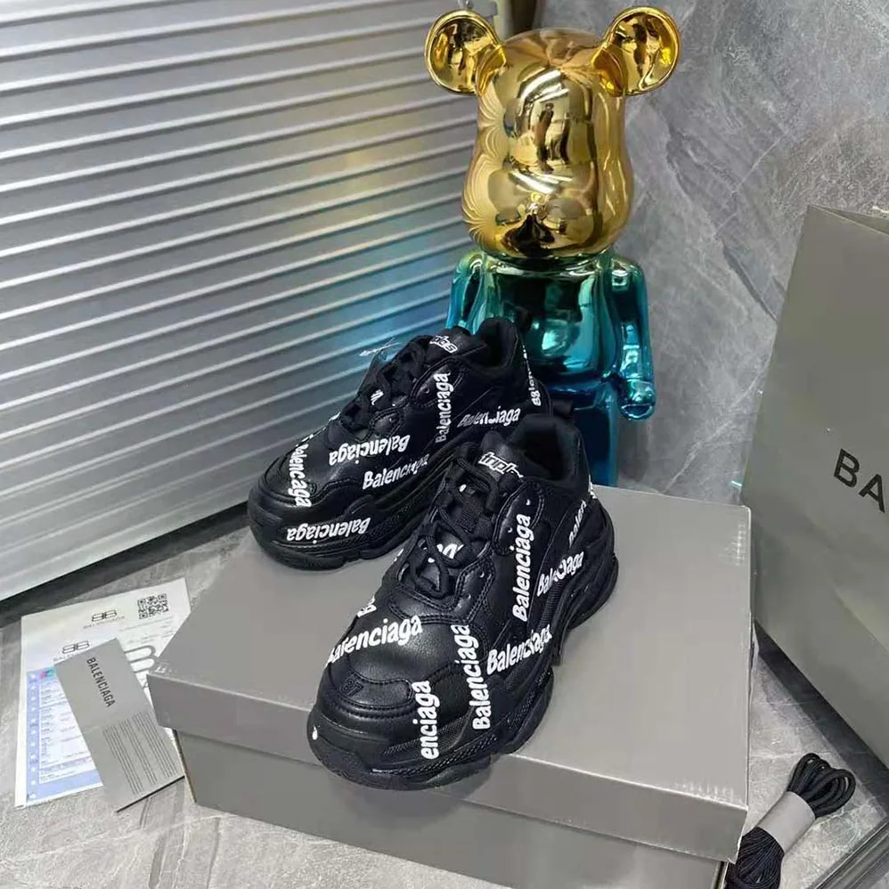 Balenciaga Triple S Logotype Sneaker in Black and White Technical Material for Women