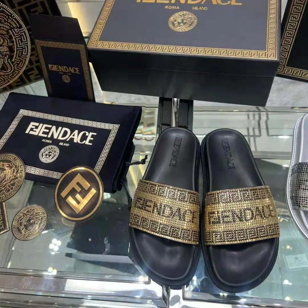 Versace Fendace Logo Metal Mesh Sliders for Unisex in Black Versace Fendace Logo Metal Mesh Sliders for Unisex in Black