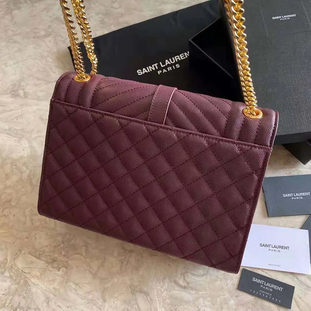 Saint Laurent YSL Envelope Medium Bag in Mix Matelasse Grain DE Poudre Embossed Leather for Women in Maroon