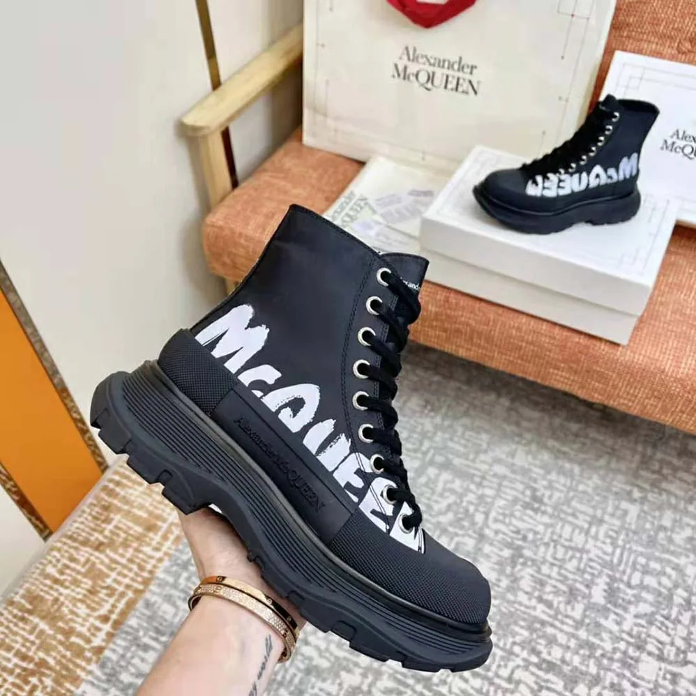 Alexander Mcqueen Tread Slick Boot Black/White Polyfaille Lace for Women in up Boot
