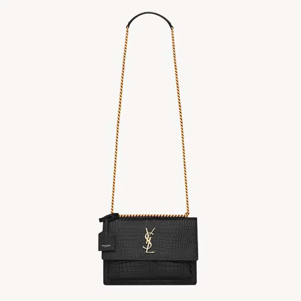 Saint Laurent YSL Sunset Medium in Crocodile Embossed Leather for Women in Black Saint Laurent YSL Sunset Medium in Crocodile Embossed Leather for Women in Black