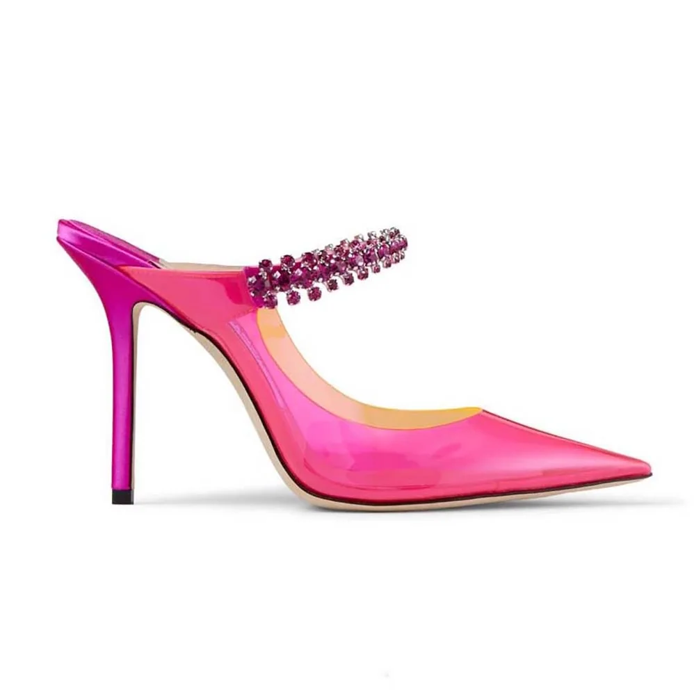 Jimmy Choo Bing 100 Hot Pink Neon Plexi Mules with Pink Crystal Strap for Women Jimmy Choo Bing 100 Hot Pink Neon Plexi Mules with Pink Crystal Strap for Women