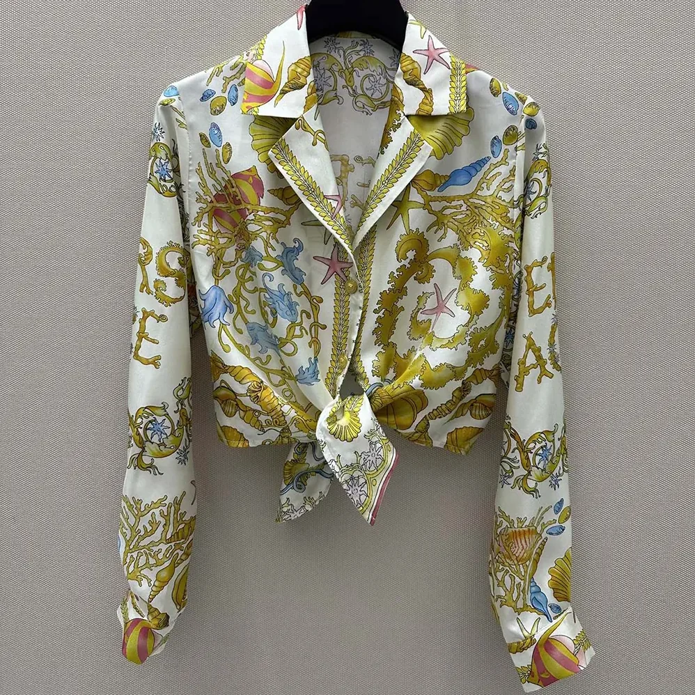 Versace Underwater Barocco Knotted Crop Silk Shirt for Women in Yellow Versace Underwater Barocco Knotted Crop Silk Shirt for Women in Yellow